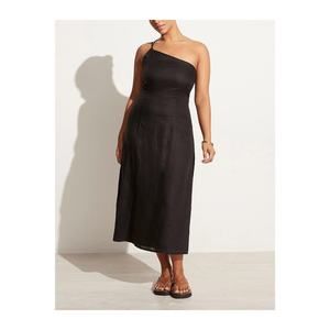 Faithfull The Brand 'Soko' Black One Shoulder Linen Midi Dress Size M